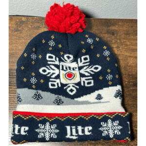 Miller Lite Adult Blue Christmas Holiday Beanie Winter Hat w/ Red POM